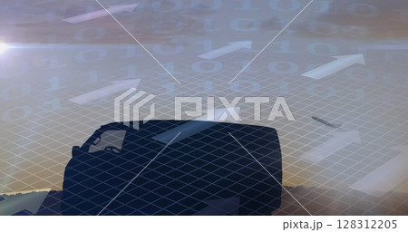 Image of white arrows, binary coding, van and delivery man with cardboard boxes Image of white arrows, binary coding, van and delivery man with cardboard boxes 128312205