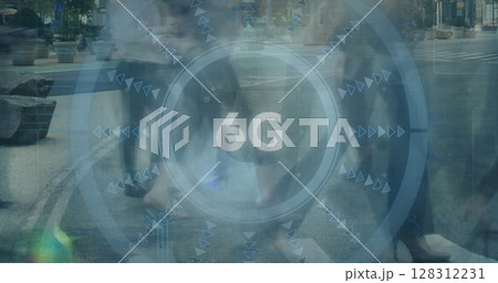 Image of 6g text and scope scanning over pedestrians walking in fast motion Image of 6g text and scope scanning over pedestrians walking in fast motion 128312231