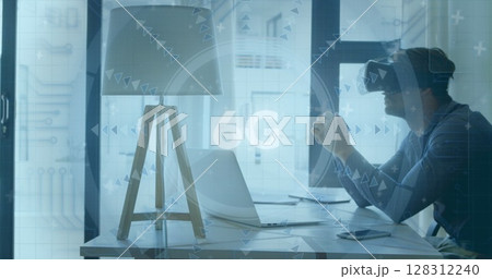 Image of 6g text and scope scanning over man wearing vr headset 128312240