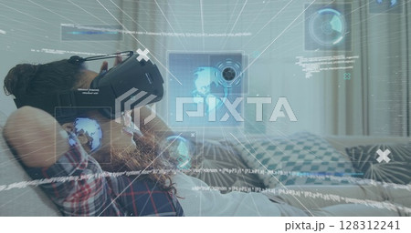 Image of 6g text, scopes scanning and data processing over woman wearing vr headset 128312241