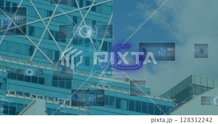 Image of 6g text, data processing and scopes scanning on screens over modern building 128312242