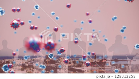 Image of covid 19 cells floating over people silhouettes and cityscape Image of covid 19 cells floating over people silhouettes and cityscape 128312255