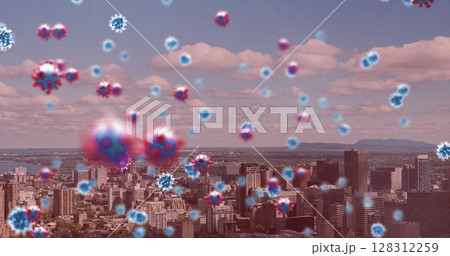 Image of covid 19 cells floating over cityscape on pink background Image of covid 19 cells floating over cityscape on pink background 128312259