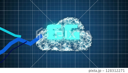 Multiple blue graphs moving 6g text over cloud of network of connections against blue background 128312271