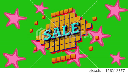 Image of sale text in blue on yellow squares over pink stars and green background 128312277