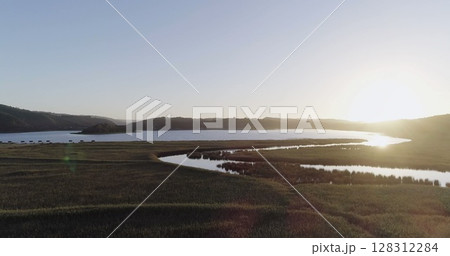 High angle view of landscape in countryside, river bank, nature High angle view of landscape in countryside, river bank, nature 128312284