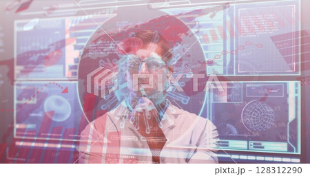 Image of screen with covid 19 cell and medical data processing over male doctor in lab coat Image of screen with covid 19 cell and medical data processing over male doctor in lab coat 128312290