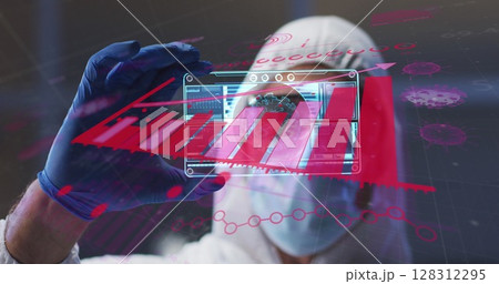 Image of statistics over scientist in ppe suit holding screen with covid 19 cell Image of statistics over scientist in ppe suit holding screen with covid 19 cell 128312295