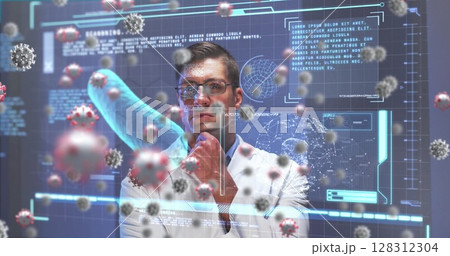 Digital interface with covid-19 cells and data processing against thoughtful caucasian male doctor 128312304