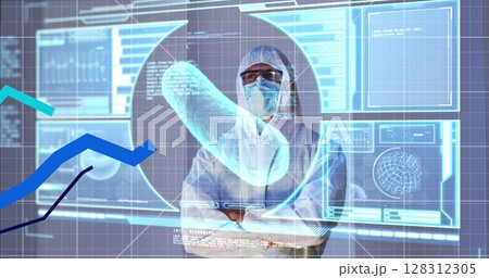 Multiple blue graphs moving over screen with medical data processing against health worker 128312305