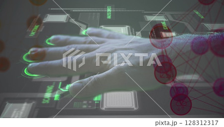 Image of network of connections over man touching biometric screen 128312317