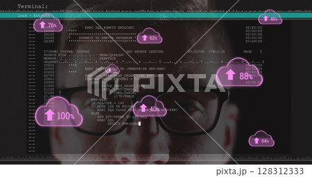 Cloud with increasing percentage icons over screen with data processing against male hacker Cloud with increasing percentage icons over screen with data processing against male hacker 128312333