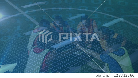 Binary coding data processing and arrows against team of male soccer players forming hand stack 128312366