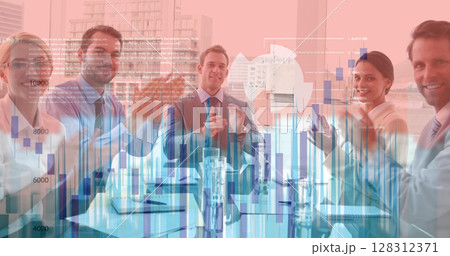 Statistical data processing against portrait of business people clapping together at office 128312371