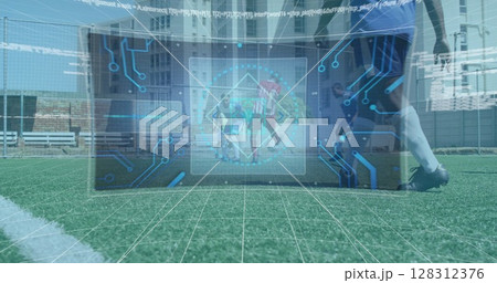 Digital interface with data processing against two team of male soccer players playing soccer 128312376