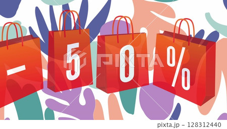 Image of 50 percent off written on red shopping bags over pastel abstract shapes background 128312440