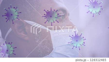 Multiple covid-19 cells moving against close up of african american senior man wearing face mask Multiple covid-19 cells moving against close up of african american senior man wearing face mask 128312465