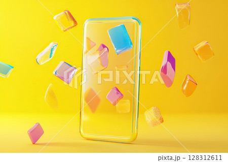 Transparent gel mockup of smartphone on bright yellow background. 128312611