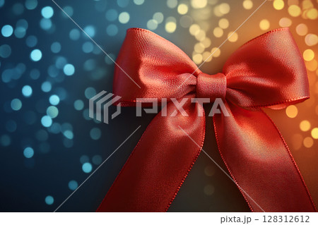 A red bow against a golden bokeh background symbolizes a gift, a holiday. 128312612