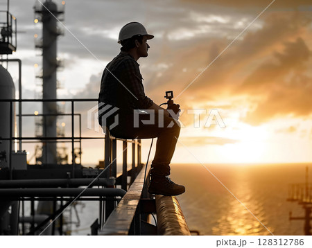 Silhouette engineer male working oil and gas power industrial factory. Marine Refinery. Industrial Concept. AI Generated. 128312786
