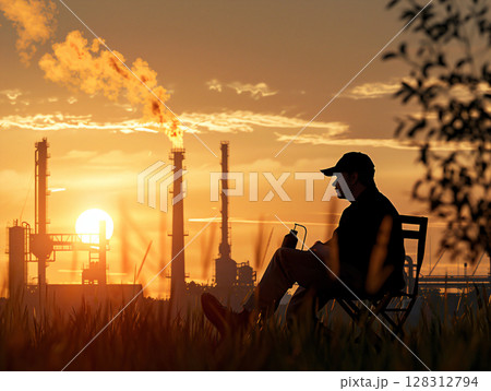 Silhouette engineer male working oil and gas power industrial factory. Marine Refinery. Industrial Concept. AI Generated. 128312794