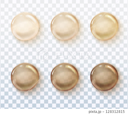 Natural cosmetic oil drops set on transparent background, realistic vector.. Natural cosmetic oil drops set on transparent background, realistic vector.. 128312815