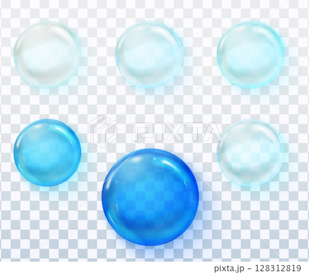 Glossy blue liquid drops set for cleaning products and detergent packaging 128312819