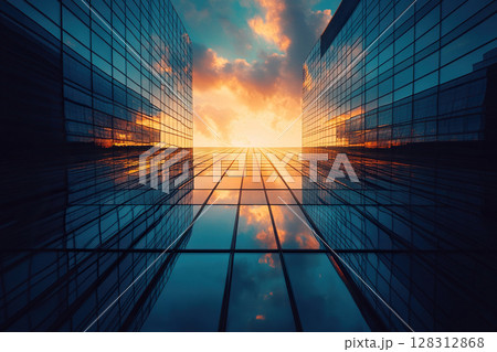 Modern business building with glass mirror walls, view from below. Modern business building with glass mirror walls, view from below. 128312868