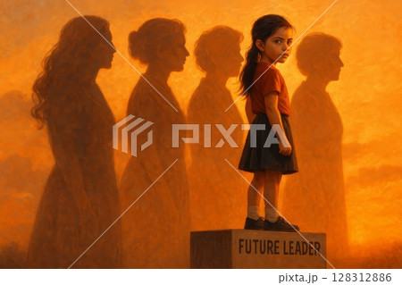Girl standing on pedestal with text Future Leader and silhouettes of women in background. Concept of leadership, empowerment, future 128312886