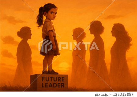 Girl standing on pedestal labeled Future Leader with silhouettes of women in background. Inspirational concept of leadership, growth, empowerment 128312887