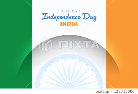 Indian flag theme background, shadow cut line for India Independence day. Vector minimalistic graphic banner design. Happy Independence Day text. Holiday poster, invitation, flyer 128313006