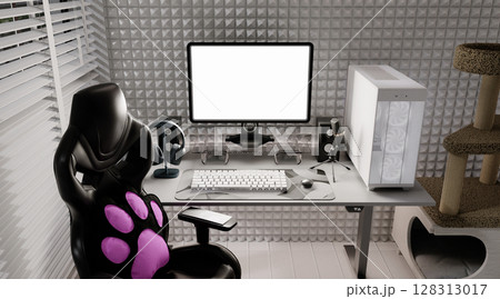 Streaming room design featuring a sleek computer setup and gaming chair. 3D render illustration Streaming room design featuring a sleek computer setup and gaming chair. 3D render illustration 128313017