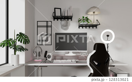 Elegant streaming room setup featuring advanced technology and chic design. 3D render illustration Elegant streaming room setup featuring advanced technology and chic design. 3D render illustration 128313021