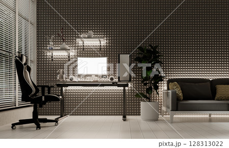 Cozy streaming room with minimalist design and gaming elements. 3D render illustration 128313022