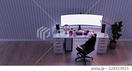 Streaming room setup with pink accents and modern design. 3D render illustration 128313023