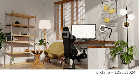 Modern streaming room setup with ergonomic elements and stylish decor. 3D render illustration 128313024