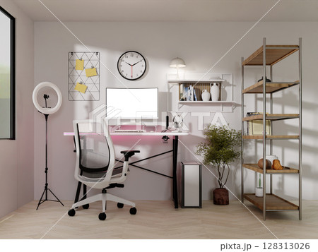 Chic streaming room design with white tones and sleek furnishings. 3D render illustration 128313026