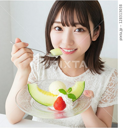 ティータイムを彩るマスクメロンの生クリームとアイス添え｜スイーツ、デザート、ローズ、優雅なひととき　 128313038