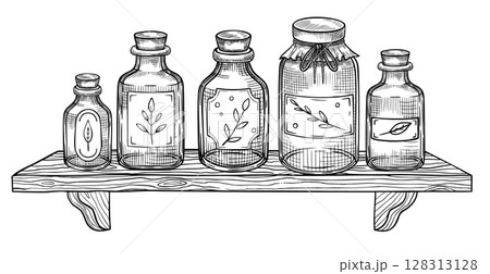 Vector illustration of a shelf with labeled glass apothecary bottles. Outline drawing with containers or jars for herbal remedy packaging, traditional medicine and botanical product in vintage style. Vector illustration of a shelf with labeled glass apothecary bottles. Outline drawing with containers or jars for herbal remedy packaging, traditional medicine and botanical product in vintage style. 128313128