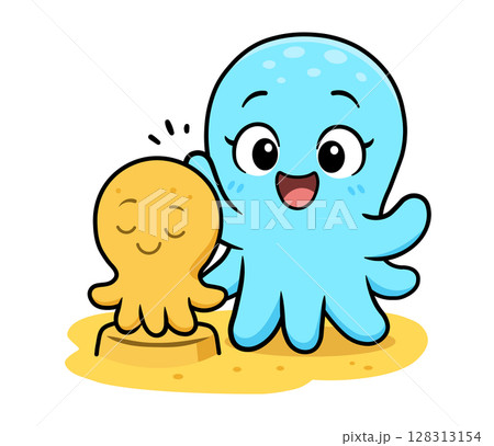 Cute octopus character proudly shows off a sand sculpture of another octopus. A charming vector illustration about creativity, friendship, and beach fun. Perfect for a greeting card or children's stor 128313154