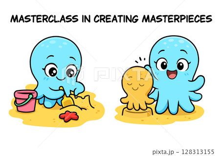 A cute octopus holds a masterclass in creating masterpieces, making a sand sculpture of itself. A conceptual illustration about creativity, learning, skill, and teaching. Perfect for educational mater A cute octopus holds a masterclass in creating masterpieces, making a sand sculpture of itself. A conceptual illustration about creativity, learning, skill, and teaching. Perfect for educational mater 128313155