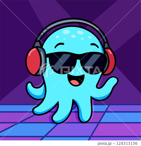 Cool cartoon octopus DJ in sunglasses and headphones dancing on a disco floor. Funky character for a music party poster, t-shirt print, or club mascot. Retro 80s vector illustration. 128313156