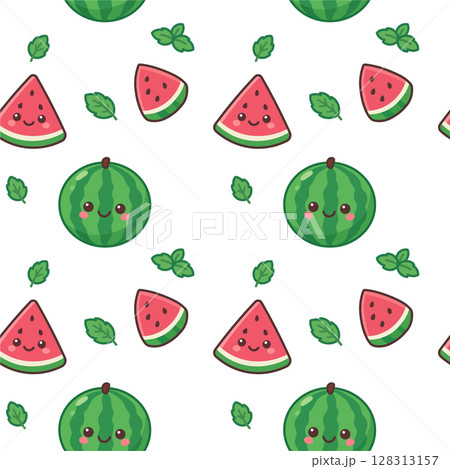 Cute summer seamless pattern with watermelons, slices, and mint leaves. Repeating fruit background for textile, fabric, wrapping paper, or fresh food design. Vector illustration. 128313157