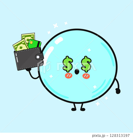 This cute bubble character with dollar sign eyes is happy holding a wallet with money. This cute bubble character with dollar sign eyes is happy holding a wallet with money. 128313197