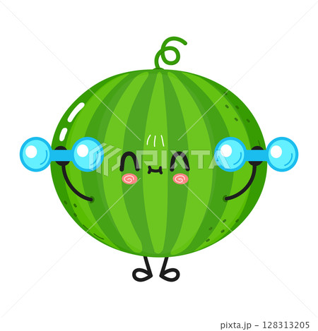 A cute cartoon watermelon is happily working out with dumbbells. 128313205