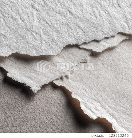Textured, torn paper layers create a minimalist, abstract design with soft shadows. 128313246