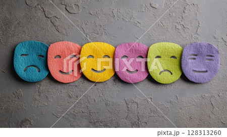 Expressive felt masks represent a spectrum of human emotions in vibrant colors. Expressive felt masks represent a spectrum of human emotions in vibrant colors. 128313260