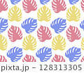 Seamless pattern with repeating silhouettes of monstera leaves in shades of pink, yellow and blue on isolated background 128313305