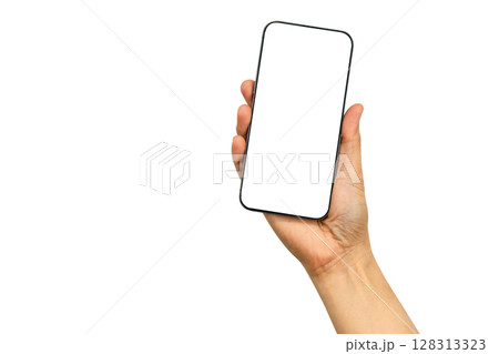 Asian woman holding smartphone in hand with blank screen isolated on white background with clipping path. Asian woman holding smartphone in hand with blank screen isolated on white background with clipping path. 128313323
