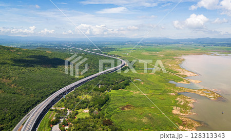 Drone shot The M6 motorway Nakhon Ratchasima Province - Bang Pa-in Lam Ta Khong River and Mountain. Motorway Korat Thailand 128313343